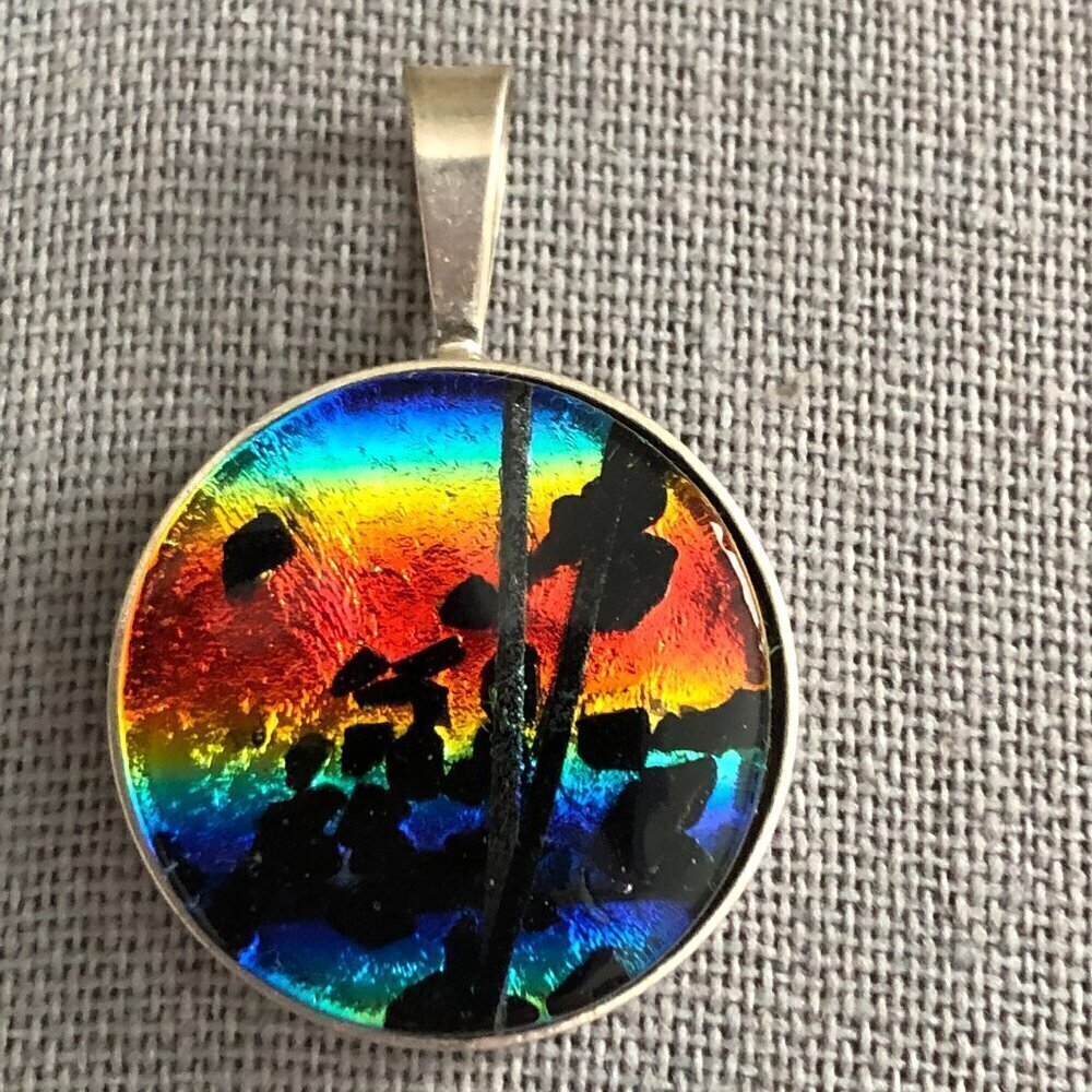 Vtg Kabana KBN 925 Inlaid Glass Sunset Colors Sterling Silver Pendant - NEW